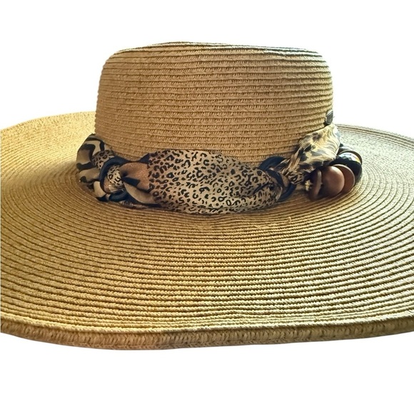 Cappelli Straworld Wide Brim Animal Print Scarf Beaded Sun Hat One Size - Picture 3 of 12